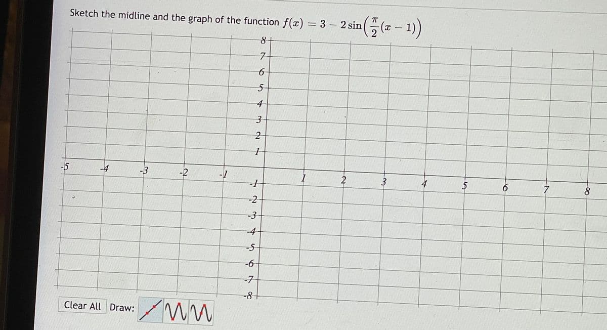 (플-)
Sketch the midline and the graph of the function f(x) = 3 – 2 sin
%3D
4
-5
-4
-3
-2
-1
2
4
7
-2
-4
-5
9-
-7
-8+
ww
Clear All Draw:
%24
