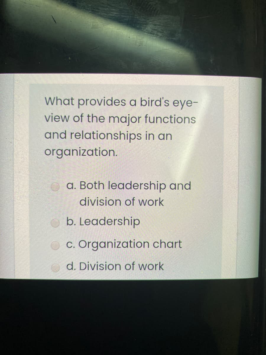 What provides a bird's eye-
view of the major functions
and relationships in an
organization.
a. Both leadership and
division of work
b. Leadership
c. Organization chart
d. Division of work
