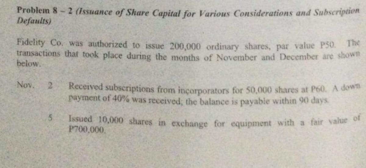 Problem 8-2 (Issuance of Share Capital for Various Considerations and Subscription
Defaults)
The
Fidelity Co. was authorized to issue 200,000 ordinary shares, par value P50.
transactions that took place during the months of November and December are shown
below.
Nov. 2
Received subscriptions from incorporators for 50,000 shares at P60. A down
payment of 40% was received; the balance is payable within 90 days.
5
Issued 10,000 shares in exchange for equipment with a fair value of
P700,000.