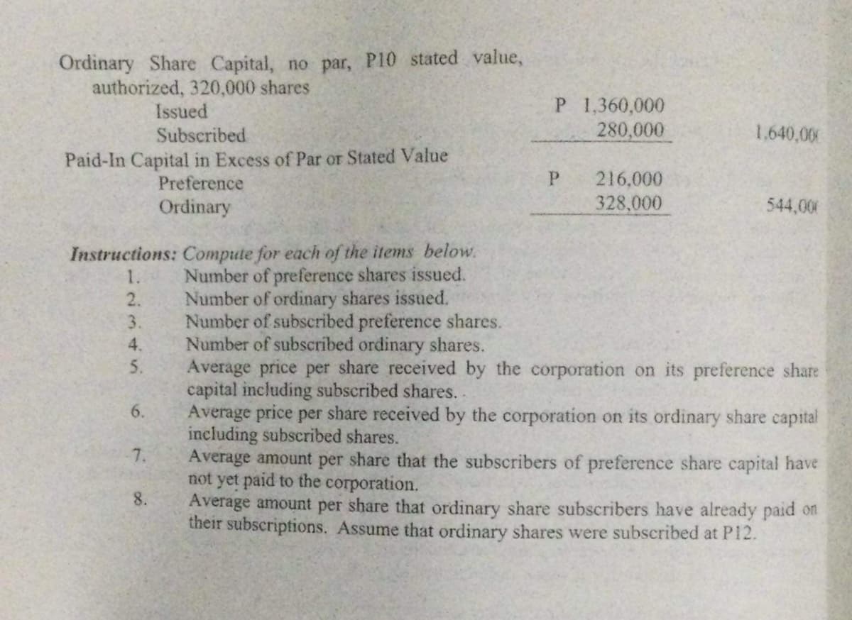Ordinary Share Capital, no par, P10 stated value,
authorized, 320,000 shares
P 1,360,000
Issued
280,000
Subscribed
1.640,000
Paid-In Capital in Excess of Par or Stated Value
Р
216,000
Preference
328,000
Ordinary
544,000
Instructions: Compute for each of the items below.
Number of preference shares issued.
Number of ordinary shares issued.
1.
3.
Number of subscribed preference shares.
Number of subscribed ordinary shares.
Average price per share received by the corporation on its preference share
capital including subscribed shares..
6.
Average price per share received by the corporation on its ordinary share capital
including subscribed shares.
7.
Average amount per share that the subscribers of preference share capital have
not yet paid to the corporation.
8.
Average amount per share that ordinary share subscribers have already paid on
their subscriptions. Assume that ordinary shares were subscribed at P12.
2345