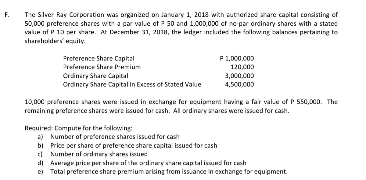 F.
The Silver Ray Corporation was organized on January 1, 2018 with authorized share capital consisting of
50,000 preference shares with a par value of P 50 and 1,000,000 of no-par ordinary shares with a stated
value of P 10 per share. At December 31, 2018, the ledger included the following balances pertaining to
shareholders' equity.
Preference Share Capital
Preference Share Premium
P 1,000,000
120,000
3,000,000
4,500,000
Ordinary Share Capital
Ordinary Share Capital in Excess of Stated Value
10,000 preference shares were issued in exchange for equipment having a fair value of P 550,000. The
remaining preference shares were issued for cash. All ordinary shares were issued for cash.
Required: Compute for the following:
a) Number of preference shares issued for cash
b)
Price per share of preference share capital issued for cash
Number of ordinary shares issued
c)
d)
Average price per share of the ordinary share capital issued for cash
e) Total preference share premium arising from issuance in exchange for equipment.