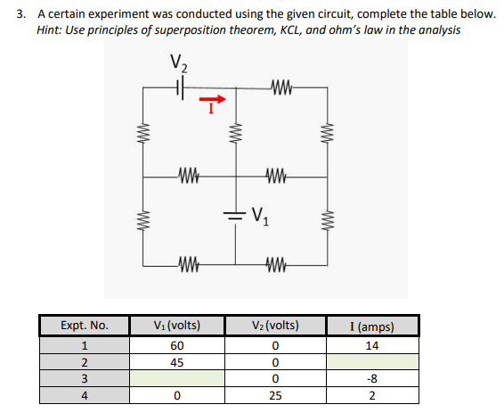 3. A certain experiment was conducted using the given circuit, complete the table below.
Hint: Use principles of superposition theorem, KCL, and ohm's law in the analysis
V2
WW-
WW
Expt. No.
V1 (volts)
V2 (volts)
I (amps)
60
14
2
45
-8
4
25
2
