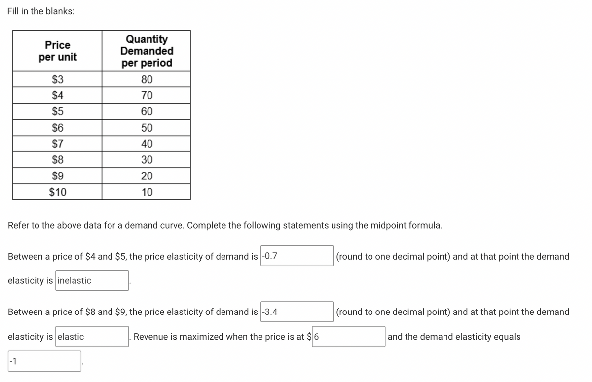 Fill in the blanks:
Quantity
Demanded
Price
per unit
per period
$3
80
$4
70
$5
60
$6
$7
50
40
$8
30
$9
20
$10
10
Refer to the above data for a demand curve. Complete the following statements using the midpoint formula.
Between a price of $4 and $5, the price elasticity of demand is -0.7
|(round to one decimal point) and at that point the demand
elasticity is inelastic
Between a price of $8 and $9, the price elasticity of demand is -3.4
(round to one decimal point) and at that point the demand
elasticity is elastic
Revenue is maximized when the price is at $ 6
and the demand elasticity equals
|-1
