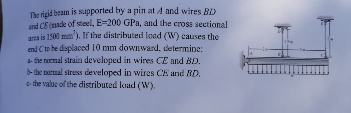 The rigid beam is supported by a pin at A and wires BD
and CE (made of steel, E=200 GPa, and the cross sectional
area is 1500 mm“). If the distributed load (W) causes the
end C to be displaced 10 mm downward, determine:
a- the normal strain developed in wires CE and BD.
b- the normal stress developed in wires CE and BD.
c- the value of the distributed load (W).
2 m
15m
