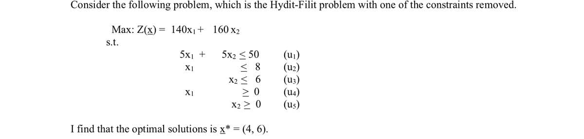 Consider the following problem, which is the Hydit-Filit problem with one of the constraints removed.
Max: Z(x) = 140x₁+ 160x2
s.t.
5X, +
X1
X1
5x, < 50
<8
X2 ≤ 6
> 0
X2
I find that the optimal solutions is x* = (4, 6).
(U₁)
(U₂)
(U3)
(U4)
(us)