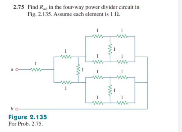 2.75 Find Rab in the four-way power divider circuit in
Fig. 2.135. Assume each element is 1.
1
a o
b
Figure 2.135
For Prob. 2.75.
1
www
1