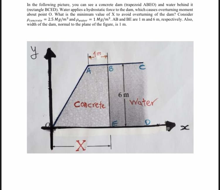 In the following picture, you can see a concrete dam (trapezoid ABEO) and water behind it
(rectangle BCED). Water applies a hydrostatic force to the dam, which causes overturning moment
about point O. What is the minimum value of X to avoid overturning of the dam? Consider
Pconcrete = 2.5 Mg/m³ and pwater = 1 Mg/m³. AB and BE are 1 m and 6 m, respectively. Also,
width of the dam, normal to the plane of the figure, is 1 m.
1m
1B
6 m
Concrete
Water
-X-
