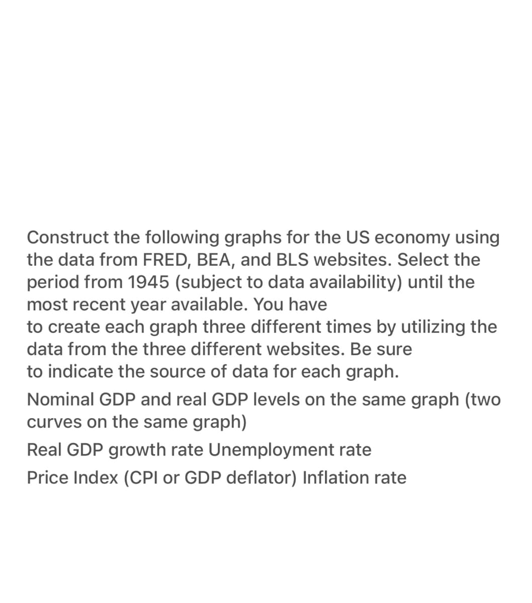 Construct the following graphs for the US economy using
the data from FRED, BEA, and BLS websites. Select the
period from 1945 (subject to data availability) until the
most recent year available. You have
to create each graph three different times by utilizing the
data from the three different websites. Be sure
to indicate the source of data for each graph.
Nominal GDP and real GDP levels on the same graph (two
curves on the same graph)
Real GDP growth rate Unemployment rate
Price Index (CPI or GDP deflator) Inflation rate
