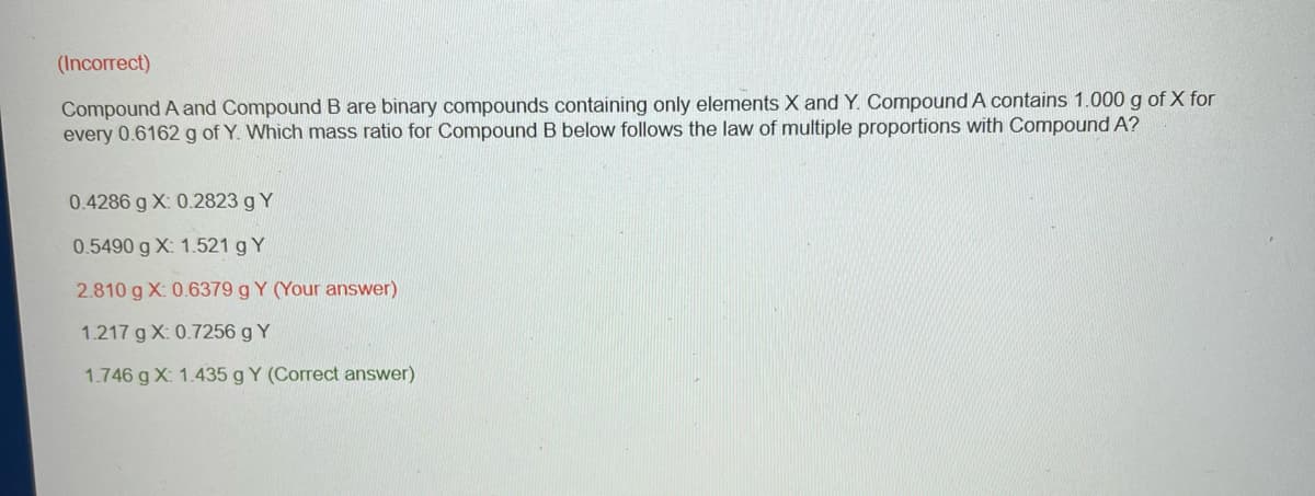 (Incorrect)
Compound A and Compound B are binary compounds containing only elements X and Y. Compound A contains 1.000 g of X for
every 0.6162 g of Y. Which mass ratio for Compound B below follows the law of multiple proportions with Compound A?
0.4286 g X: 0.2823 g Y
0.5490 g X: 1.521 g Y
2.810 g X: 0.6379 g Y (Your answer)
1.217 g X: 0.7256 g Y
1.746 g X: 1.435 g Y (Correct answer)
