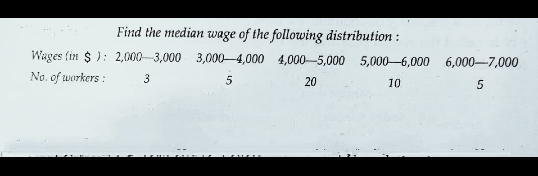 Find the median wage of the following distribution :
Wages (in $ ): 2,000-3,000 3,000-4,000 4,000-5,000 5,000-6,000 6,000-7,000
No. of workers :
3
20
10
