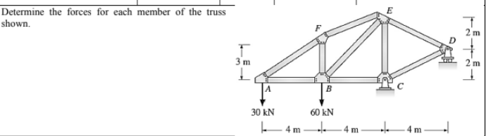 Determine the forces for each member of the truss
2 m
shown.
2 m
3 m
B
30 kN
60 kN
E4 m
-4 m
