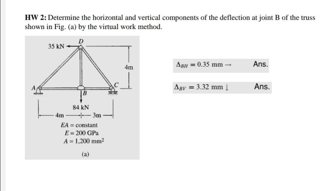 HW 2: Determine the horizontal and vertical components of the deflection at joint B of the truss
shown in Fig. (a) by the virtual work method.
35 kN]
84 kN
4m
3m
EA constant
E = 200 GPa
A = 1,200 mm²
(a)
IT I
4m
ABH = 0.35 mm →
ABV = 3.32 mm ↓
Ans.
Ans.