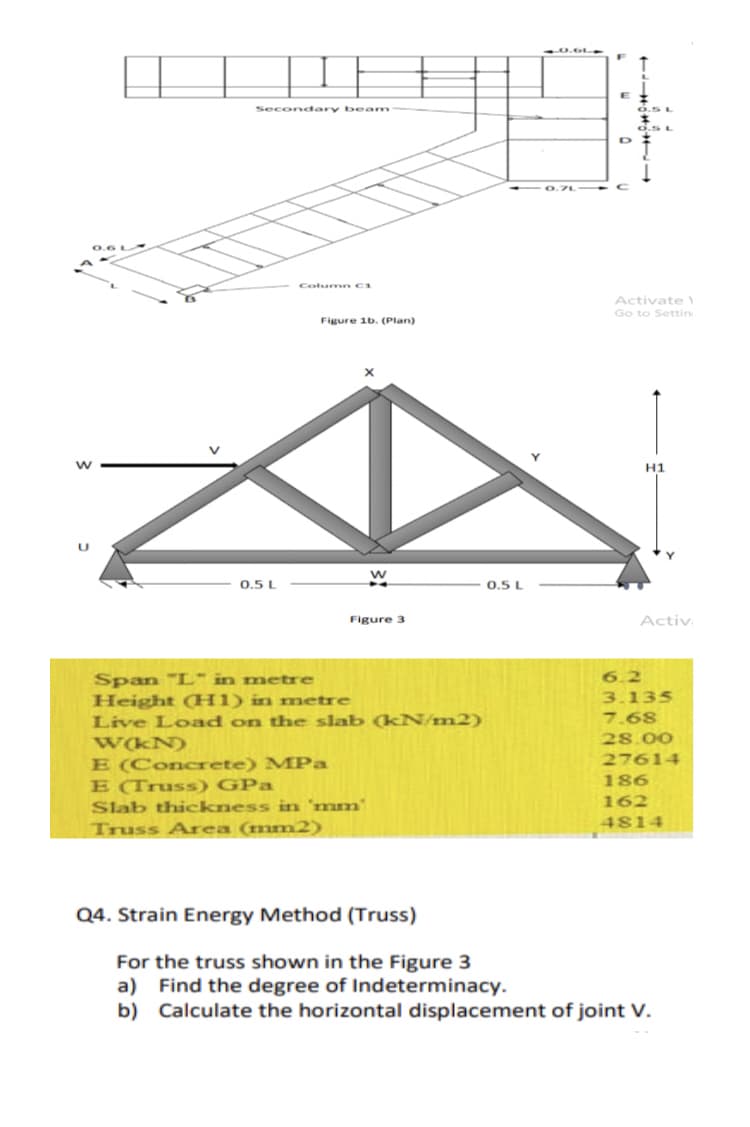Secondary be am
0.6
ColumnC1
Activate
Go to Settin
Figure 1b. (Plan)
H1
w
0.5 L
0.5 L
Figure 3
Activ.
6.2
Span "L" in metre
Height (H1) in metre
Live Load on the slab (kN/m2)
WKN)
E (Concrete) MPa
E (Truss) GPa
Slab thickness in 'mm'
Truss Area (mm2)
3.135
7.68
28.00
27614
186
162
4814
Q4. Strain Energy Method (Truss)
For the truss shown in the Figure 3
a) Find the degree of Indeterminacy.
b) Calculate the horizontal displacement of joint V.
