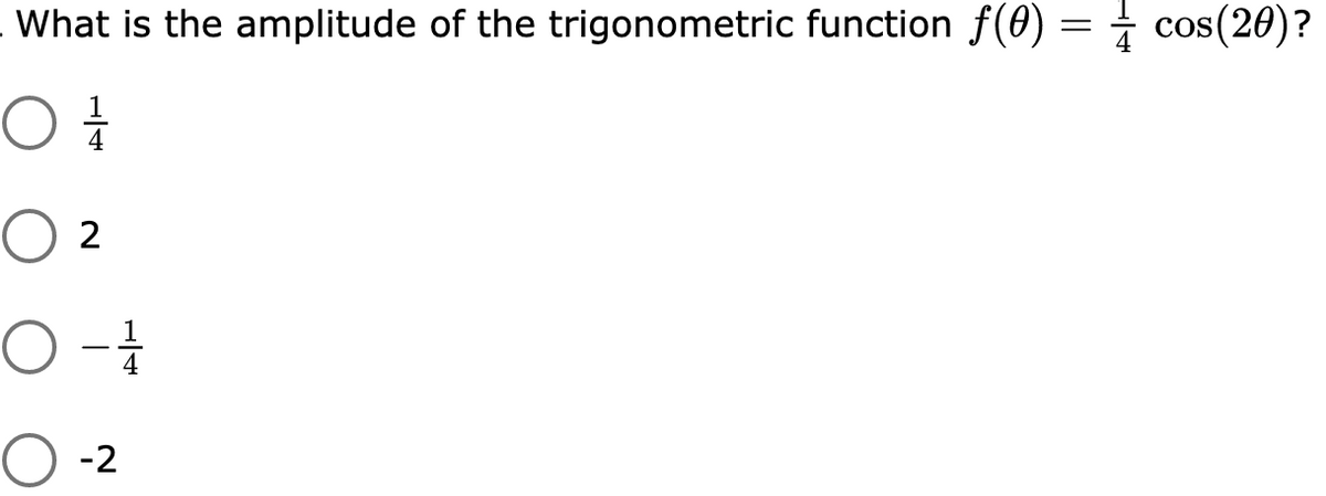 What is the amplitude of the trigonometric function f(0) = cos(20)?
O 2
-2
