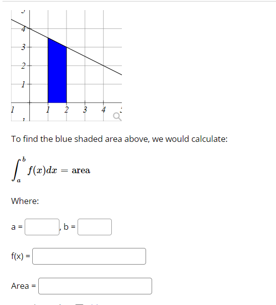2-
2
4
To find the blue shaded area above, we would calculate:
| f(x)dx = area
Where:
a =
b =
f(x):
Area =
