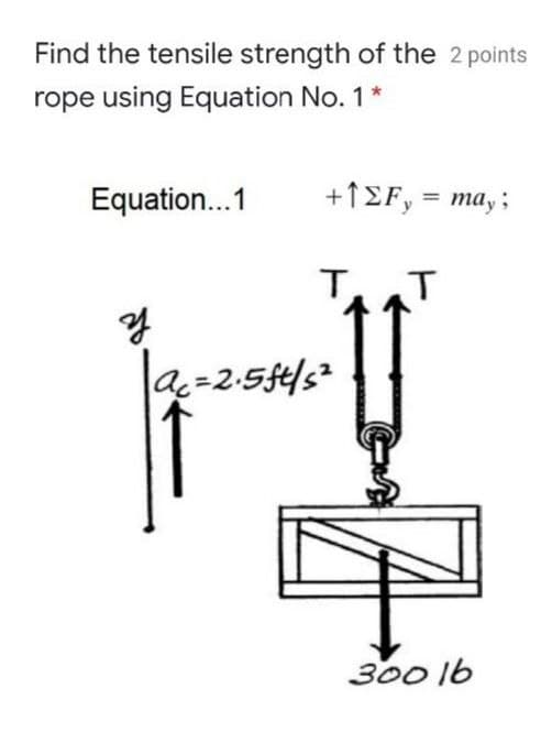 Find the tensile strength of the 2 points
rope using Equation No. 1*
Equation...1
+1ΣF, -ma, ;
%3D
300 1b
