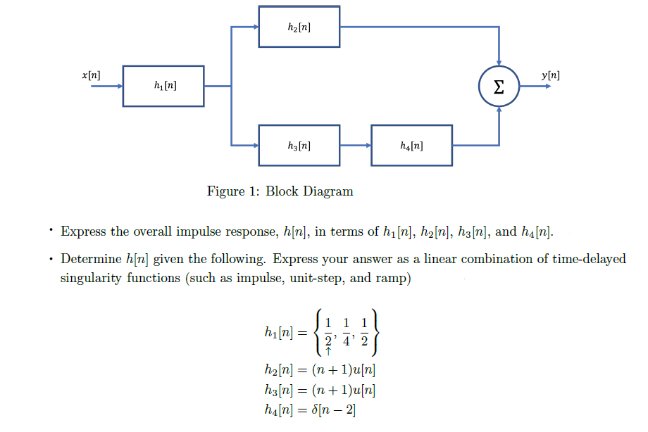 h2[n]
x[n]
y[n]
h[n]
Σ
ha[n]
h4[n]
Figure 1: Block Diagram
· Express the overall impulse response, h[n], in terms of h1[n], h2[n], h3[n], and h4[n].
• Determine h[n] given the following. Express your answer as a linear combination of time-delayed
singularity functions (such as impulse, unit-step, and ramp)
1 1 1
h1[n] =
2' 4' 2
h2[n] = (n+ 1)u[n]
ha[n] = (n+ 1)u[n]
ha[n] = d[n – 2]
