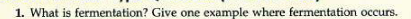 1. What is fermentation? Give one example where fermentation occurs.
