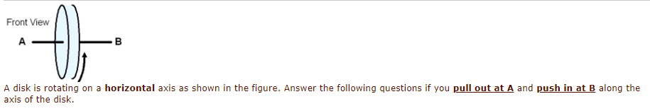Front View
A
B
A disk is rotating on a horizontal axis as shown in the figure. Answer the following questions if you pull out at A and push in at B along the
axis of the disk.