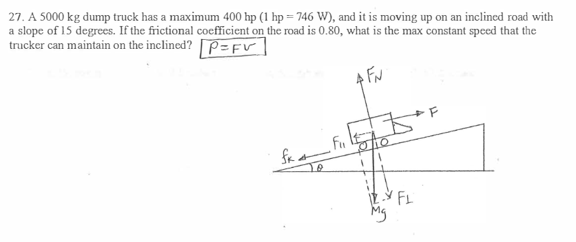 27. A 5000 kg dump truck has a maximum 400 hp (1 hp = 746 W), and it is moving up on an inclined road with
a slope of 15 degrees. If the frictional coefficient on the road is 0.80, what is the max constant speed that the
trucker can maintain on the inclined?
P=FV
A FN
F
2Y FL
Mg
