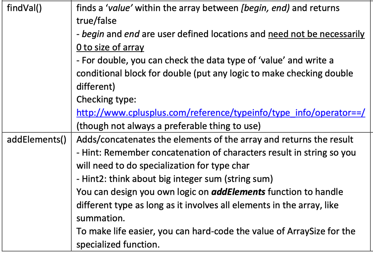 finds a 'value' within the array between [begin, end) and returns
true/false
- begin and end are user defined locations and need not be necessarily
O to size of array
findVal()
- For double, you can check the data type of 'value' and write a
conditional block for double (put any logic to make checking double
different)
Checking type:
http://www.cplusplus.com/reference/typeinfo/type_info/operator==/
(though not always a preferable thing to use)
addElements() Adds/concatenates the elements of the array and returns the result
- Hint: Remember concatenation of characters result in string so you
will need to do specialization for type char
- Hint2: think about big integer sum (string sum)
You can design you own logic on addElements function to handle
different type as long as it involves all elements in the array, like
summation.
To make life easier, you can hard-code the value of ArraySize for the
specialized function.
