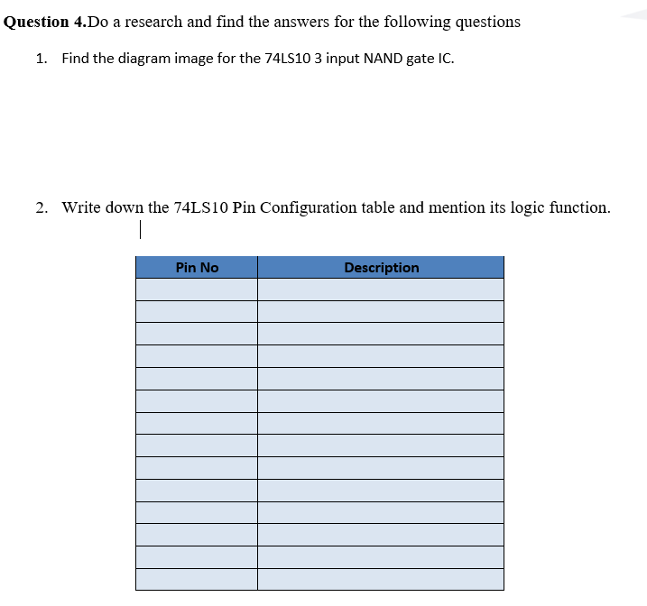 Question 4.Do a research and find the answers for the following questions
1. Find the diagram image for the 74LS10 3 input NAND gate IC.
2. Write down the 74LS10 Pin Configuration table and mention its logic function.
Pin No
Description
