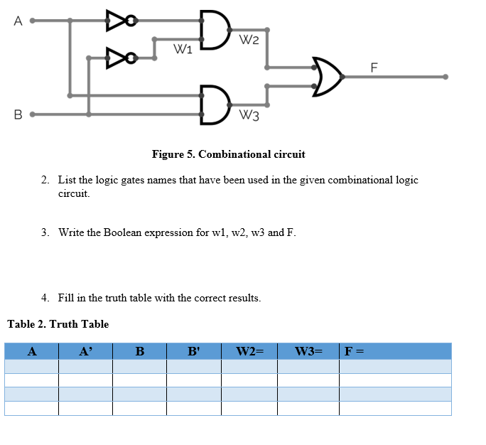 A
Do
W2
W1
F
W3
Figure 5. Combinational circuit
2. List the logic gates names that have been used in the given combinational logic
circuit.
3. Write the Boolean expression for wl, w2, w3 and F.
4. Fill in the truth table with the correct results.
Table 2. Truth Table
A
A'
B
B'
W2=
W3=
F =
