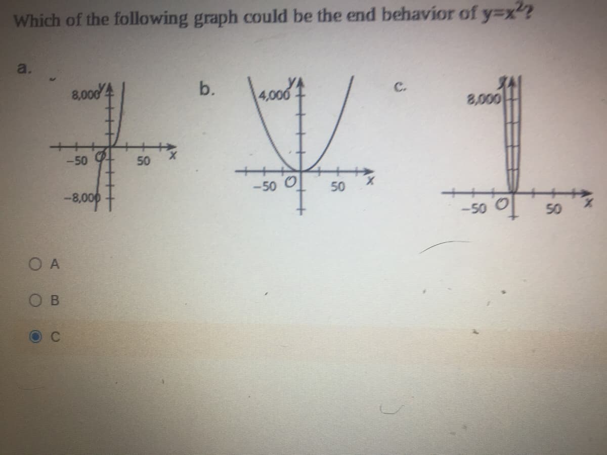 Which of the following graph could be the end behavior of y=x?
a.
8,0004
b.
C.
8,000
-50
50
-50 O
50
-8,000
-50
50
O A
O B
