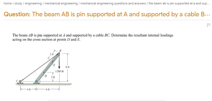 home / study / engineering / mechanical engineering / mechanical engineering questions and answers / the beam ab is pin supported at a and sup..
Question: The beam AB is pin supported at A and supported by a cable B...
The beam AB is pin supported at A and supported by a cable BC. Determine the resultant internal loadings
acting on the cross section at points D and E.
8 ft
1200 Ib
D 38

