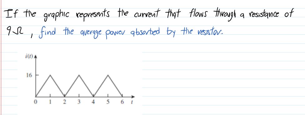 If the graphic represents the curvent that flows thwough a resistance of
find the querge pawer absorbed by the vesistar.
i(t) .
16
0 1 2 3 4
5
6 t
