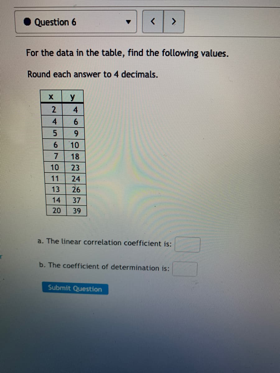 Question 6
For the data in the table, find the following values.
Round each answer to 4 decimals.
X
y
2.
10
18
23
11
24
26
14
37
20
39
a. The linear correlation coefficient is:
b. The coefficient of determination is:
Submit Question
4699 SS5
45
67
0-|3|寸|
