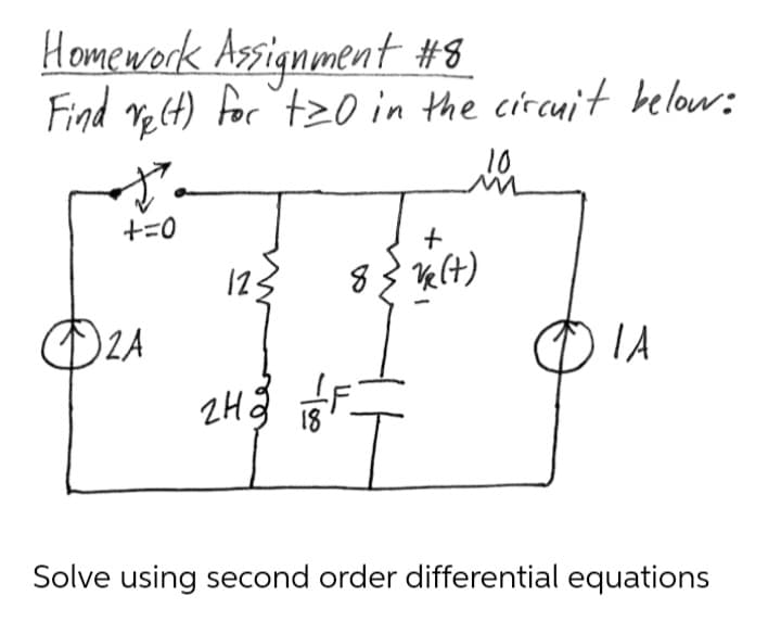 Homework Azsignement #8
Find reCt) for 'tzl in the circuit below:
10
+=0
125
Solve using second order differential equations
