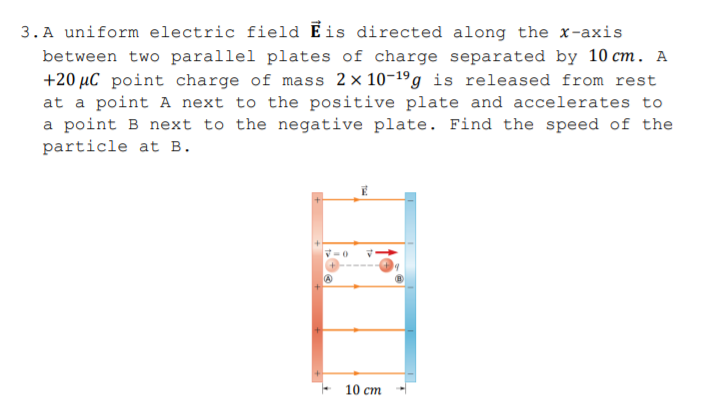 3.A uniform electric field Ēis directed along the x-axis
between two parallel plates of charge separated by 10 cm. A
+20 µC point charge of mass 2x 10-19g is released from rest
at a point A next to the positive plate and accelerates to
a point B next to the negative plate. Find the speed of the
particle at B.
10 cm
