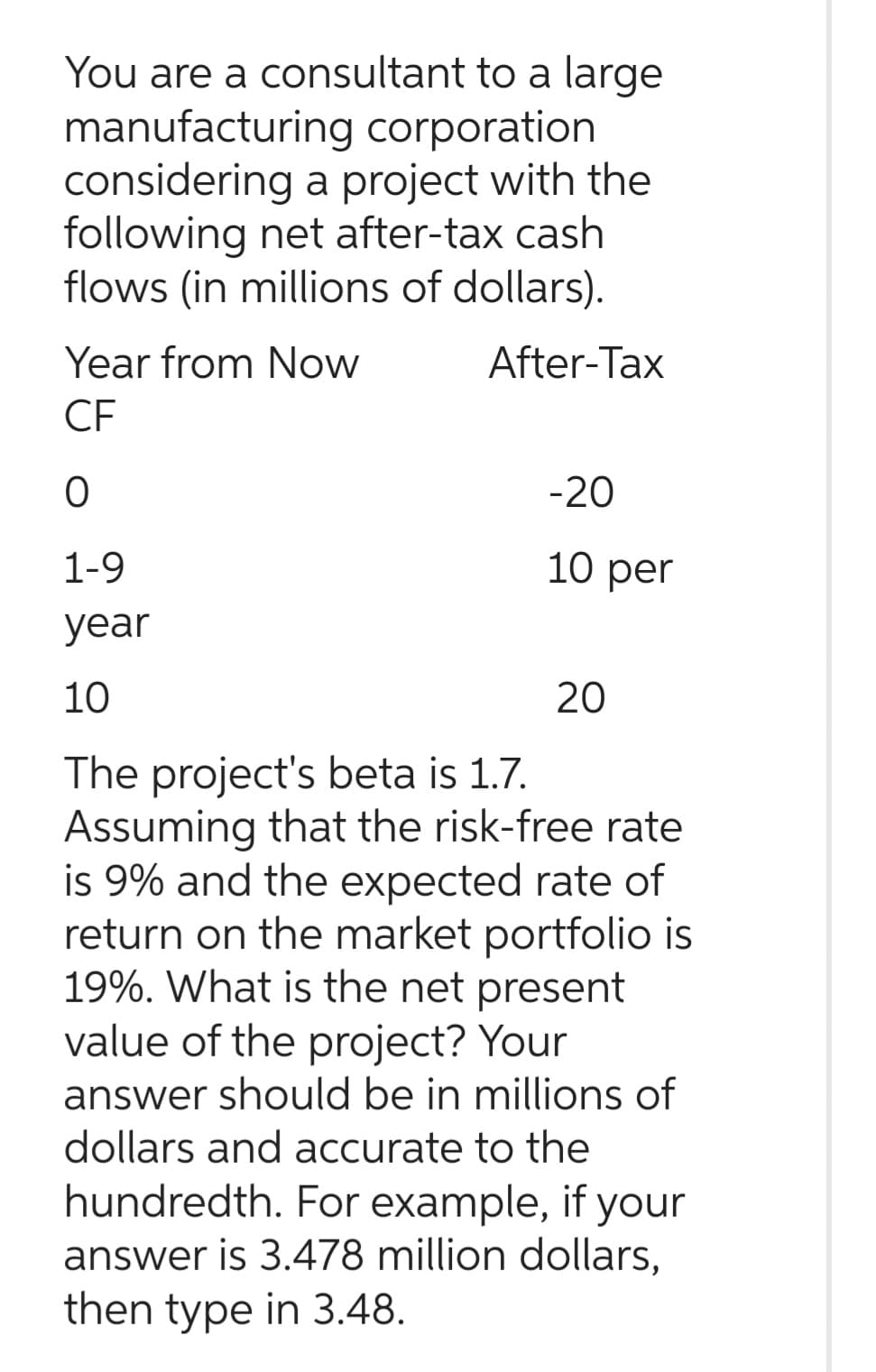 You are a consultant to a large
manufacturing corporation
considering a project with the
following net after-tax cash
flows (in millions of dollars).
After-Tax
Year from Now
CF
O
1-9
year
10
-20
10 per
20
The project's beta is 1.7.
Assuming that the risk-free rate
is 9% and the expected rate of
return on the market portfolio is
19%. What is the net present
value of the project? Your
answer should be in millions of
dollars and accurate to the
hundredth. For example, if your
answer is 3.478 million dollars,
then type in 3.48.