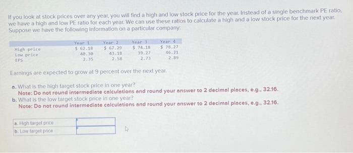 If you look at stock prices over any year, you will find a high and low stock price for the year. Instead of a single benchmark PE ratio,
we have a high and low PE ratio for each year. We can use these ratios to calculate a high and a low stock price for the next year.
Suppose we have the following information on a particular company.
Year 1
$ 62.18
40.30
2.35
a. High target price
b. Low target price
Year 2
$67.29
43.18
2.58
Year 3-
$74.18
39.27
2.73
Year 4
$78.27
46.21
High price
Low price
EPS
Earnings are expected to grow at 9 percent over the next year.
6. What is the high target stock price in one year?
32.16.
Note: Do not round intermediate calculations and round your answer to 2 decimal places, e.g..
b. What is the low target stock price in one year?
Note: Do not round intermediate calculations and round your answer to 2 decimal places, e.g., 32.16.
2.890