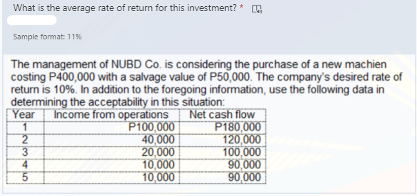What is the average rate of return for this investment? * 4
Sample format: 11%
The management of NUBD Co. is considering the purchase of a new machien
costing P400,000 with a salvage value of P50,000. The company's desired rate of
return is 10%. In addition to the foregoing information, use the following data in
determining the acceptability in this situation:
Net cash flow
P180,000
120,000
100,000
90,000
90,000
Income from operations
P100,000
40,000
20,000
10,000
10,000
Year
345
