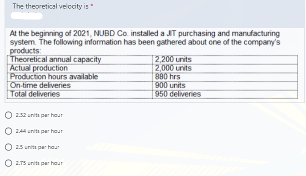 The theoretical velocity is *
At the beginning of 2021, NUBD Co. installed a JIT purchasing and manufacturing
system. The following information has been gathered about one of the company's
products:
Theoretical annual capacity
Actual production
Production hours available
On-time deliveries
Total deliveries
| 2,200 units
2,000 units
880 hrs
900 units
950 deliveries
O 2.32 units per hour
O 2.44 units per hour
2.5 units per hour
2.75 units per hour
