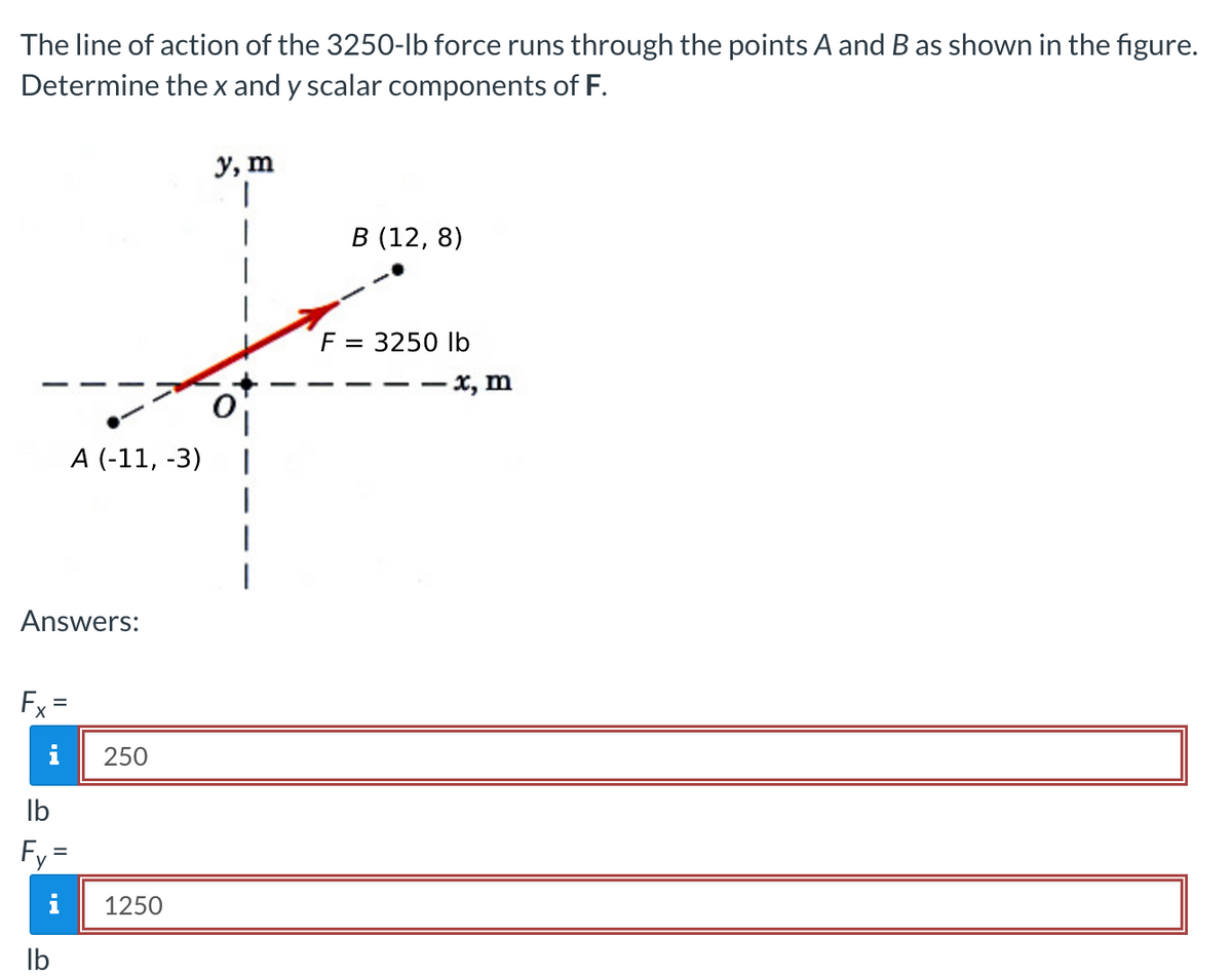 The line of action of the 3250-lb force runs through the points A and B as shown in the figure.
Determine the x and y scalar components of F.
Answers:
Fx=
lb
Fy=
i
A (-11, -3)
lb
250
1250
y, m
1
B (12, 8)
F = 3250 lb
--x, m