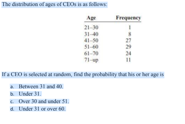 The distribution of ages of CEOS is as follows:
Age
Frequency
21-30
1
31-40
8
41-50
51-60
27
29
61-70
24
71-up
11
If a CEO is selected at random, find the probability that his or her age is
a. Between 31 and 40.
b. Under 31.
c. Over 30 and under 51.
d. Under 31 or over 60.
