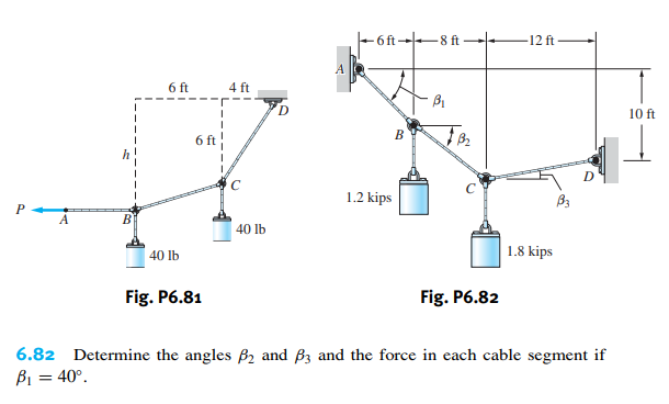 -6 ft 8 ft
-12 ft
А
6 ft
4 ft
10 ft
В
6 ft
D
1.2 kips
P
В
40 lb
40 lb
1.8 kips
Fig. P6.81
Fig. P6.82
6.82 Determine the angles B2 and ßz and the force in each cable segment if
B1 = 40°.
%3D

