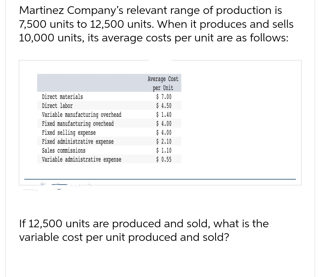 Martinez Company's relevant range of production is
7,500 units to 12,500 units. When it produces and sells
10,000 units, its average costs per unit are as follows:
Direct materials
Direct labor
Variable manufacturing overhead
Fixed manufacturing overhead
Fixed selling expense
Fixed administrative expense
Sales commissions
Variable administrative expense
Average Cost
per Unit
$ 7.00
$ 4.50
$ 1.40
$ 4.00
$ 4.00
$ 2.10
$ 1.10
$ 0.55
If 12,500 units are produced and sold, what is the
variable cost per unit produced and sold?