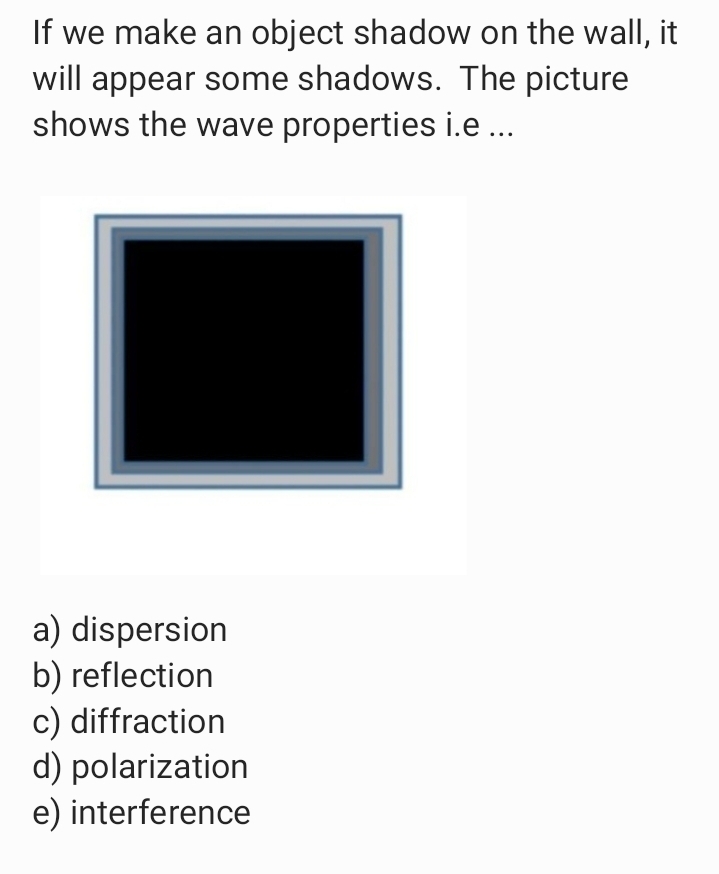 If we make an object shadow on the wall, it
will appear some shadows. The picture
shows the wave properties i.e ...
a) dispersion
b) reflection
c) diffraction
d) polarization
e) interference

