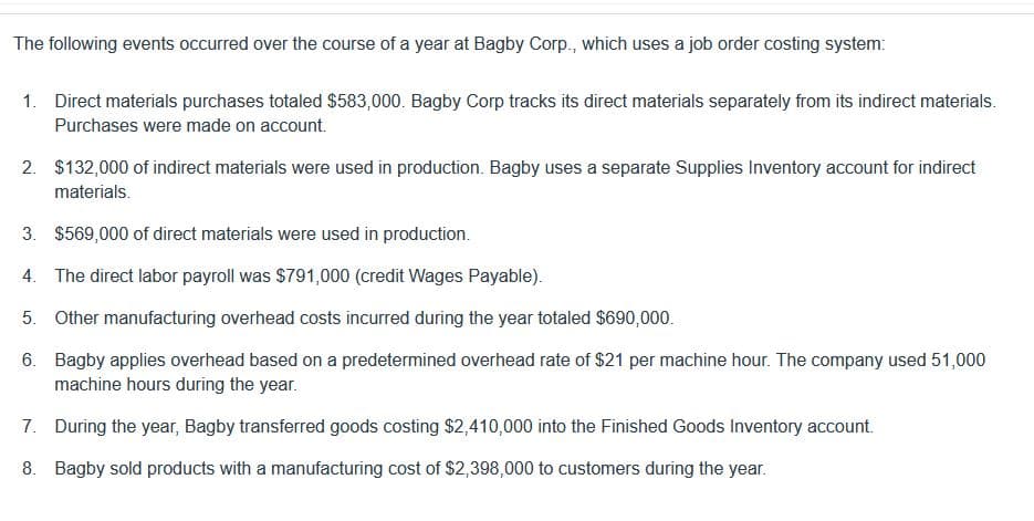 The following events occurred over the course of a year at Bagby Corp., which uses a job order costing system:
1. Direct materials purchases totaled $583,000. Bagby Corp tracks its direct materials separately from its indirect materials.
Purchases were made on account.
2. $132,000 of indirect materials were used in production. Bagby uses a separate Supplies Inventory account for indirect
materials.
3. $569,000 of direct materials were used in production.
4. The direct labor payroll was $791,000 (credit Wages Payable).
5. Other manufacturing overhead costs incurred during the year totaled $690,000.
6. Bagby applies overhead based on a predetermined overhead rate of $21 per machine hour. The company used 51,000
machine hours during the year.
7. During the year, Bagby transferred goods costing $2,410,000 into the Finished Goods Inventory account.
8. Bagby sold products with a manufacturing cost of $2,398,000 to customers during the year.

