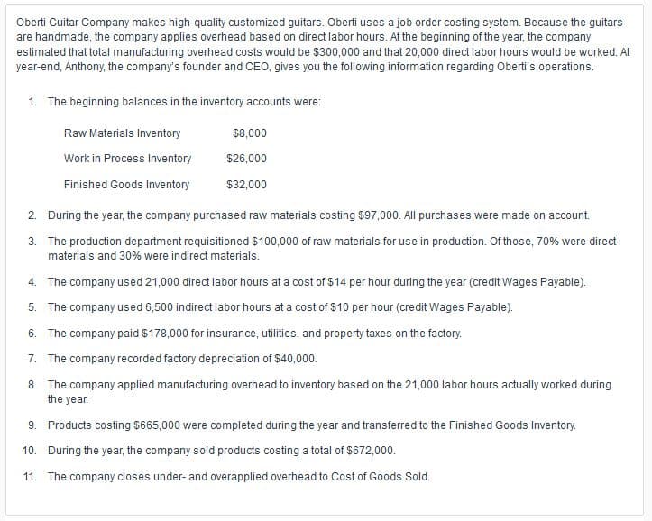 Oberti Guitar Company makes high-quality customized guitars. Oberti uses a job order costing system. Because the guitars
are handmade, the company applies overhead based on direct labor hours. At the beginning of the year, the company
estimated that total manufacturing overhead costs would be $300,000 and that 20,000 direct labor hours would be worked. At
year-end, Anthony, the company's founder and CEO, gives you the following information regarding Oberti's operations.
1. The beginning balances in the inventory accounts were:
Raw Materials Inventory
$8,000
Work in Process Inventory
$26,000
Finished Goods Inventory
$32,000
2. During the year, the company purchased raw materials costing $97,000. All purchases were made on account.
3. The production department requisitioned $100,000 of raw materials for use in production. Of those, 70% were direct
materials and 30% were indirect materials.
4. The company used 21,000 direct labor hours at a cost of $14 per hour during the year (credit Wages Payable).
5. The company used 6,500 indirect labor hours at a cost of $10 per hour (credit Wages Payable).
6. The company paid $178,000 for insurance, utilities, and property taxes on the factory.
7. The company recorded factory depreciation of $40,000.
8. The company applied manufacturing overhead to inventory based on the 21,000 labor hours actually worked during
the year.
9. Products costing $665,000 were completed during the year and transferred to the Finished Goods Inventory.
10. During the year, the company sold products costing a total of $672,000.
11. The company closes under- and overapplied overhead to Cost of Goods Sold.
