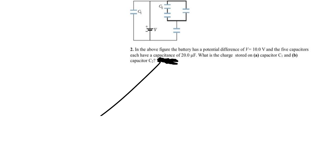 V
ННІ
2. In the above figure the battery has a potential difference of V= 10.0 V and the five capacitors
each have a capacitance of 20.0 uF. What is the charge stored on (a) capacitor C₁ and (b)
capacitor C₂?