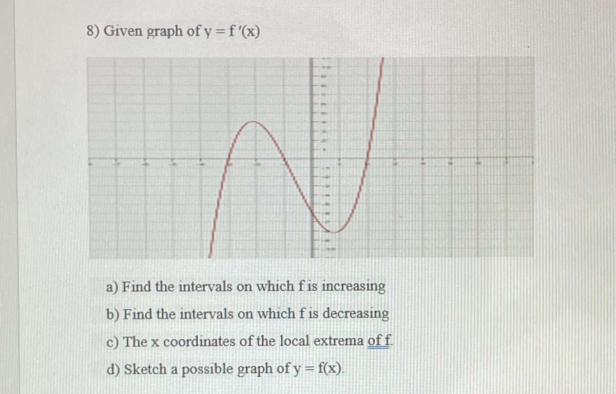 8) Given graph of y = f '(x)
a) Find the intervals on which f is increasing
b) Find the intervals on which f is decreasing
c) The x coordinates of the local extrema of f
d) Sketch a possible graph of y = f(x).
