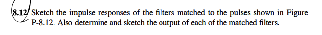 8.12/ Sketch the impulse responses of the filters matched to the pulses shown in Figure
P-8.12. Also determine and sketch the output of each of the matched filters.