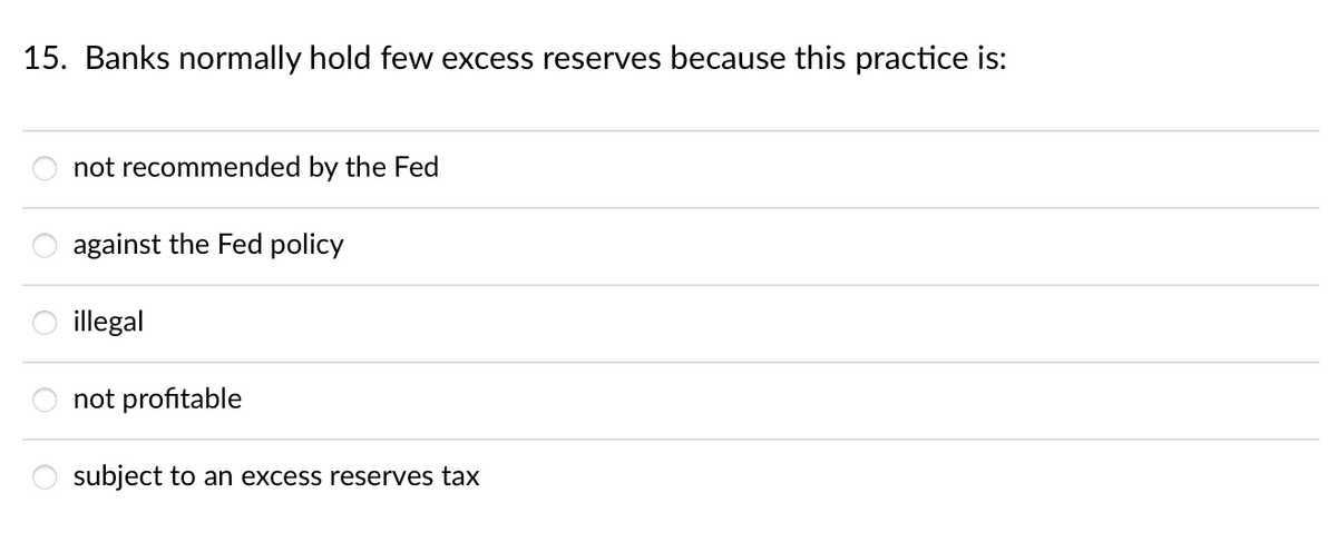 15. Banks normally hold few excess reserves because this practice is:
not recommended by the Fed
against the Fed policy
illegal
not profitable
subject to an excess reserves tax
