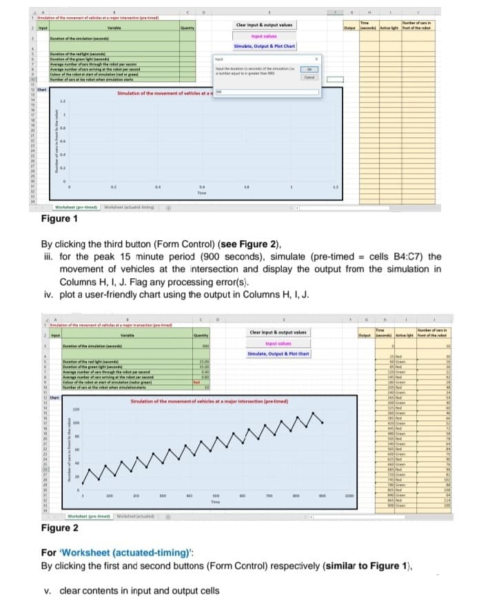 A
1 Smation of the movement of seveles at a major intersection (pre-med
2 Input
Duration of the simulation (second)
4
Duration of the red light (seconda)
Duration of the green light (seconds)
Average number of cars through the robot per secon
Average number of cars arriving at the robot per second
Colour of the robot at start of sivedation fred or grees)
Number of cars at the robot when simulation starts
1.2
C
Quartty
Simulation of the movement of vehicles at an
1
248
4.6
804
02
0.2
04
0.4
18
1.2
Worksheet (pr-timed) Worksheet(cuad-ting
Figure 1
By clicking the third button (Form Control) (see Figure 2),
iii. for the peak 15 minute period (900 seconds), simulate (pre-timed = cells B4:C7) the
movement of vehicles at the intersection and display the output from the simulation in
Columns H, I, J. Flag any processing error(s).
iv. plot a user-friendly chart using the output in Columns H, I, J.
H
1
1 Simulation of the revement of vehicles at a major intersection (pre-timed
T
Clear input & output values
Number of cars in
2
Quantity
Outputs) Active light front of the robot
of
3
Curation afthaimation (secondal)
Input values
000
10
Simulate, Output & Plot Chart
25 Ped
Duration of the red light (c)
25.00
60 Green
16
Curation of the green light seconds)
35.00
45 Red
34
0.40
Average mamber of cars through the robot preced
Average number of cars arriving at the robot per cond
120 Gree
145
22
60
43
Coleer of the rebet at start of sivedation (red)
Number of cars at the rebet when s
24
10
180 Gre
300 Pla
41
11
34
12 Chart
54
Simulation of the movement of vehicles at a major intersection (pre-timed)
240 Grem
265 Pied
300Green
325 Ped
360 Gree
40
320
40
385 Red
66
100
m
58
430 Green
445 ee
480 Cre
50 Red
540 Gree
565 Red
600 Grem
625 Red
60
Grem
05 Fe
220 Grem
245
Grem
805 Red
140 Gre
210
300
400
100
cox
700
000
900
1000
Tie
e
100 Gree
Worksheet (pre-timed) Worksheet jacuated
Figure 2
For 'Worksheet (actuated-timing)':
By clicking the first and second buttons (Form Control) respectively (similar to Figure 1),
v. clear contents in input and output cells
D
12 Chart
Clear input & output values
Input values
Simulate, Output & Plot Chart
ingut the duration in second of the simulatione
a number equal to or greater than 100
H
Concel
G
I
Time
Number of cars in
Outge second Active light frost of the robot
940
32
102
11
108
94
114
100