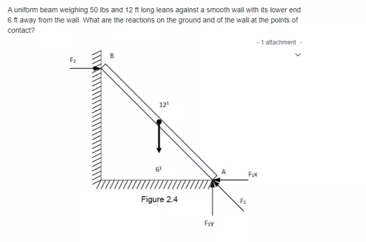 A uniform beam weighing 50 Ibs and 12 ft long leans against a smooth wall with its lower end
6 ft away from the wall. What are the reactions on the ground and of the wall at the points of
contact?
- 1 attachment -
F2
12
Fix
Figure 2.4
F1
Fıy
B.

